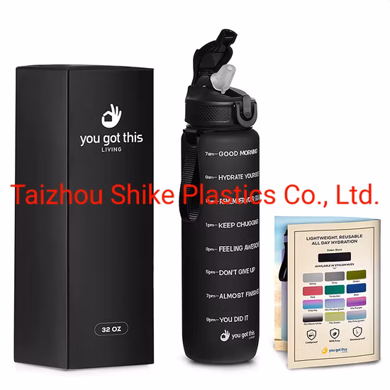 Fitness Time Maker Tritan Sk PC Proteína de plástico libre de BPA Logotipo personalizado 32 oz 1000 ml Botella de agua motivacional de 1 litro para el deporte